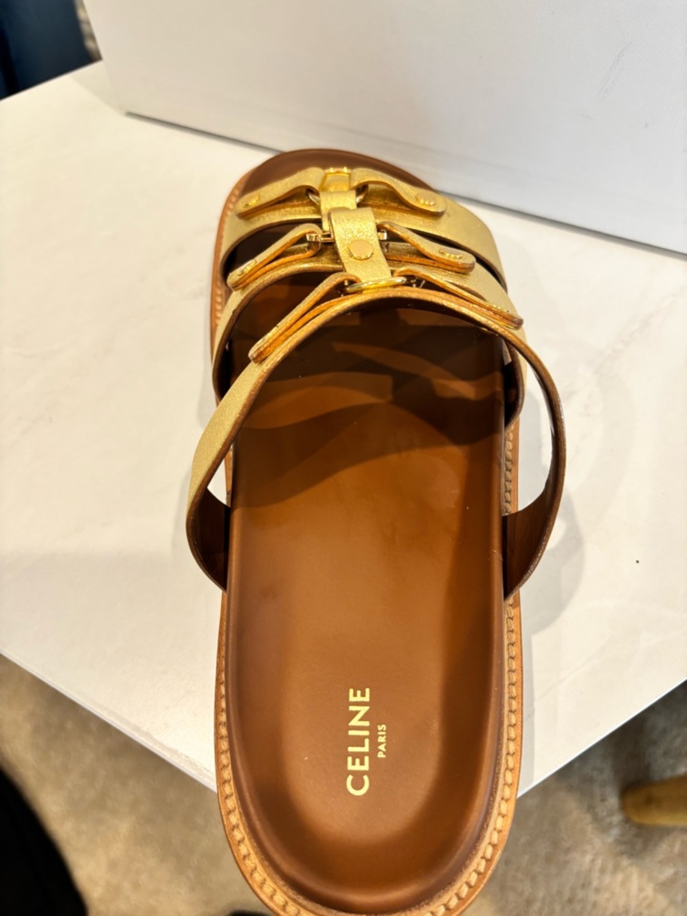 Celine Triomphe Mule 30 Metallic Gold Leather Triple-Strap Slides - Picture 6 of 14